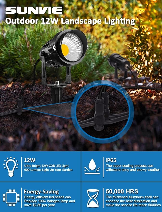 SUNVIE Low Voltage LED Landscape Lights with Spike Stand & Connector 12Pack | 12-24V 3000K Waterproof 900LM Pathway Garden Lights Wired Wall Tree Flag Landscape Spot lights Outdoor (No Transformer)
