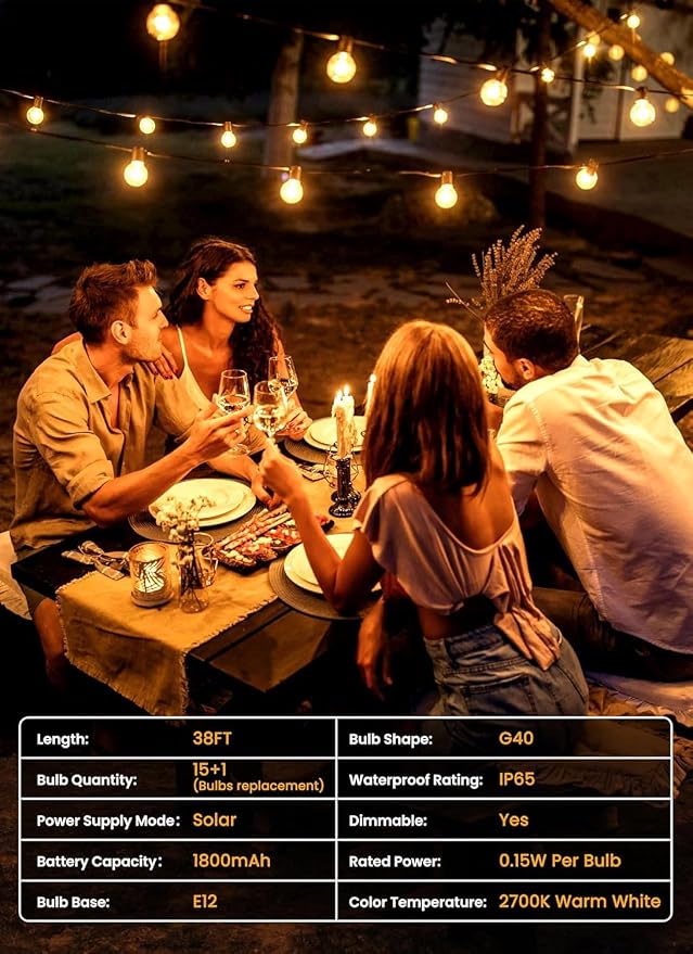Brightown 38FT 16LED Solar String Lights Outdoor with USB Port, Shatterproof Bulbs, 3 Modes, Patio Lights Solar Powered for Camping Backyard Garden Decor - Last for 20+Hrs
