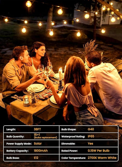 Brightown 38FT 16LED Solar String Lights Outdoor with USB Port, Shatterproof Bulbs, 3 Modes, Patio Lights Solar Powered for Camping Backyard Garden Decor - Last for 20+Hrs
