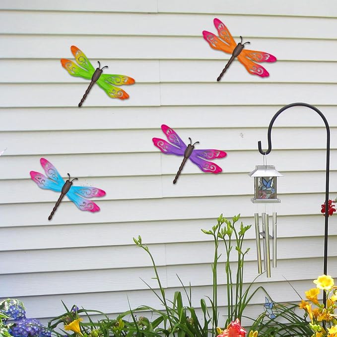 Outdoor Dragonfly Wall Decor, 4 Pcs 14.5‘’ Metal Dragonfly Wall Art Hanging Sculpture Decorations for Outside Yard Patio Fence Garden Exterior Decor