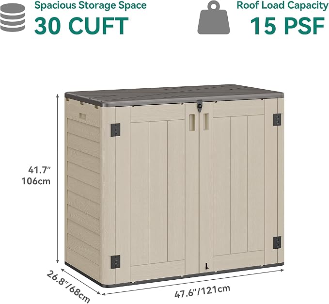 YITAHOME Outdoor Storage Shed w/o Shelf, 30 cu ft Horizontal Storage Shed Outdoor, Resin Waterproof Storage Cabinet for Garage, Poolside, Bikes, and Garden (Khaki + Black)