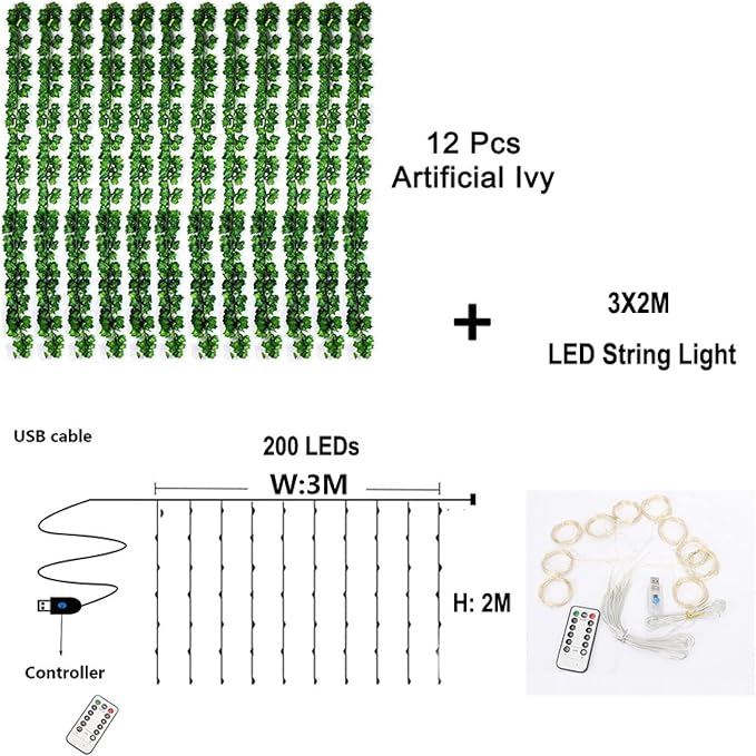 DEKEones 12 Packs Artificial Ivy, 84FT Garland Hanging Plants Fake Vines with 200 LED String Light for Bedroom Wedding Party Garden Wall Room Home Decor