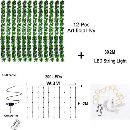 DEKEones 12 Packs Artificial Ivy, 84FT Garland Hanging Plants Fake Vines with 200 LED String Light for Bedroom Wedding Party Garden Wall Room Home Decor
