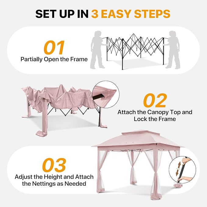 COOS BAY 11x11 Pop Up Gazebo with Mesh Netting, Instant Outdoor Canopy Tent, Water Resistant Shelter with UPF 50+ UV Protection, 121 Sq Ft Coverage, Pink