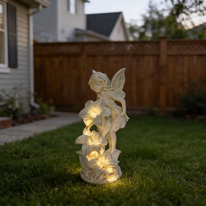 Angel Figurines Garden Statue with Solar Powered Light 12.2IN | Resin Angel Statue Decor for HOME Patio Lawn Yard Balcony, Resin Angel Sculpture, Memorial Gift for Mom/Grandma/Garden Lovers