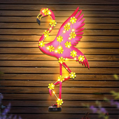 Metal Flamingo Outdoor Wall Decor with 30 Led Solar Lights- 23.2" Outdoor Fence Wall Art Decor, Gift for Mom Grandma Women Birthday Gardening,Hanging Decoration for Garden Patio Porch Yard