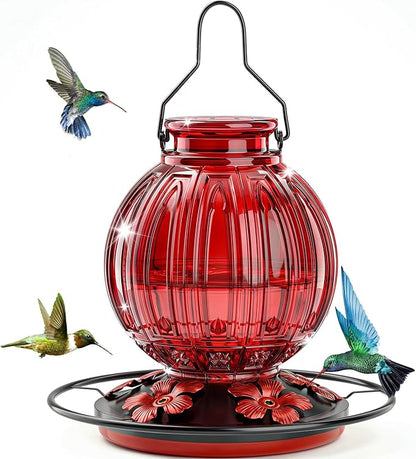 Glass Hummingbird Feeder for Outdoors Hanging, 26Oz Bird Nectar Feeder with Perch & 5 Flower Feeding Ports, Leak Proof for Outside Garden Decor Backyard, Gifts for Women Mom, Red