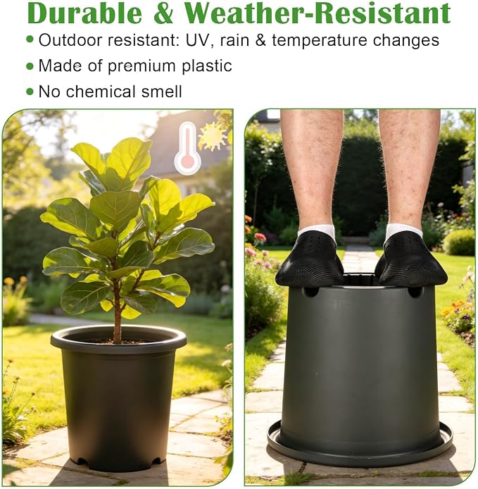 16 inch Deep Large Planters for Outdoor Plants, 4-Pack Plastic Plant Pots with Drainage Holes, Heavy Duty 10 Gallon Garden Planter for Tomato, Vegetables, Flower Growing Deeper -16" Wx15"H, Dark Gray