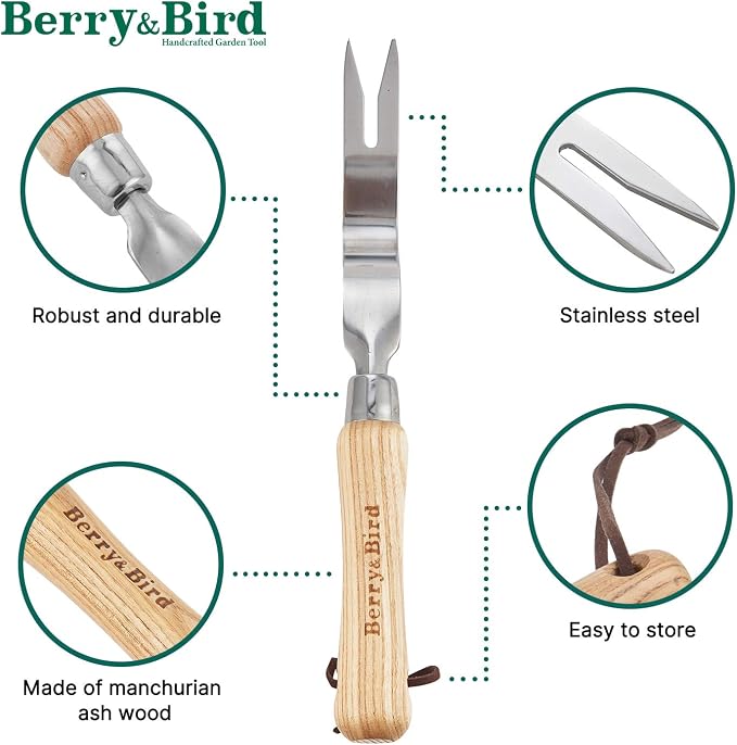 Berry&Bird Hand Weeder Tool, 12.1" Stainless Steel Gardening Weed Puller | Manual Weeding Removal Cutter Tool with Ash Wood Handle for Planting, Weeding, Flower & Vegetable Care in Garden Lawn Yard