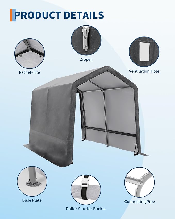 GarveeLife 7x10 ft Outdoor Portable Storage Shed with Roll-Up Door & Vent, 240G Heavy-Duty Shelter Waterproof PE Tarp, UV-Resistant Storage Sheds for Motorcycle, Firewood, Garden and Tools -Gray