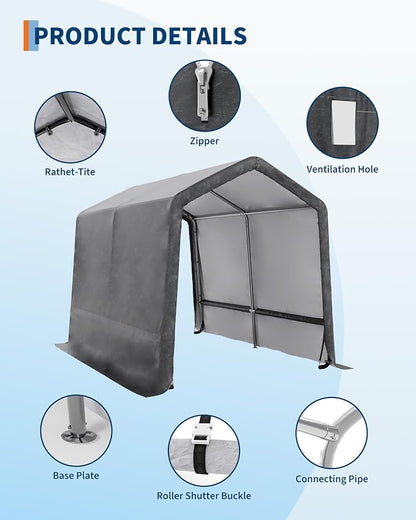 GarveeLife 7x10 ft Outdoor Portable Storage Shed with Roll-Up Door & Vent, 240G Heavy-Duty Shelter Waterproof PE Tarp, UV-Resistant Storage Sheds for Motorcycle, Firewood, Garden and Tools -Gray
