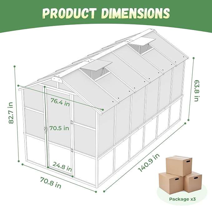 Jocoevol 6x12FT Greenhouse for Outdoors, Wooden Frame Polycarbonate Green House w/ Adjustable Roof Vent and Lockable Door Handle, Walk-in Greenhouses for Outside Garden Backyard