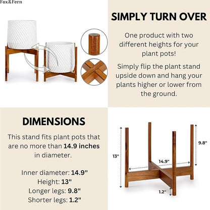 Fox & Fern Mid Century Plant Stand — 14.9 Inch Fixed Size Wooden Plant Stand for Indoor Planters (Not Included) - Extra Large Flower Pot Holder for Indoor Big Pots - Plug In Design - Acacia