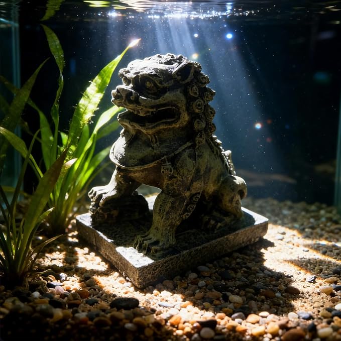 Fish Tank Decorations, Japanese Large Aquarium Decor Accessories with Foo Lions, Bearded Dragon Hideout, Reptile & Amphibian Habitat Hideouts(Yellow Lion)