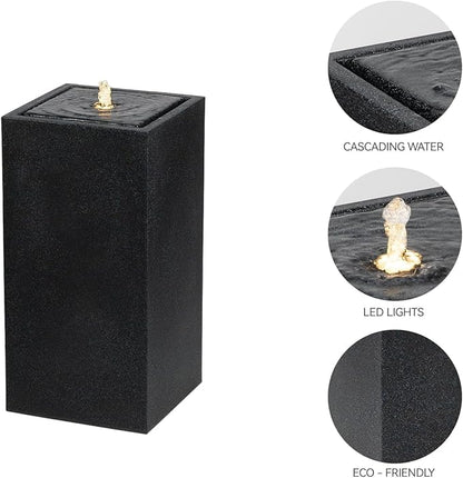 25.98” H Outdoor Water Fountain Made with Eco-Friendly Recyclable Materials, Polyethylene Square Bubbler Outdoor Fountain, Garden Decor with LED Light for Patio, Porch, Backyard (25.98”)