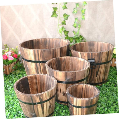 3 Pcs Wooden Bucket Flower Pot Retro Barrel Planter for Succulents Garden Decor for Patio Lawn Balcony Courtyard Solid Color Rustic Wooden Flower Pots