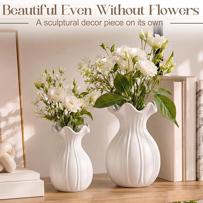 2 Pack White Ceramic Vase Set Small Rustic Decorative Vases Home Decor Wavy Edge Modern Flower Vases for Farmhouse Table Centerpiece Living Room Kitchen Bedroom (6.7, 7.9in, Elegant)
