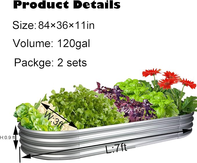 GADI Metal Raised Garden Bed 7×3ft Galvanized Planter Box for Vegetables, Flowers, Herbs, and Succulents, 2 Sets