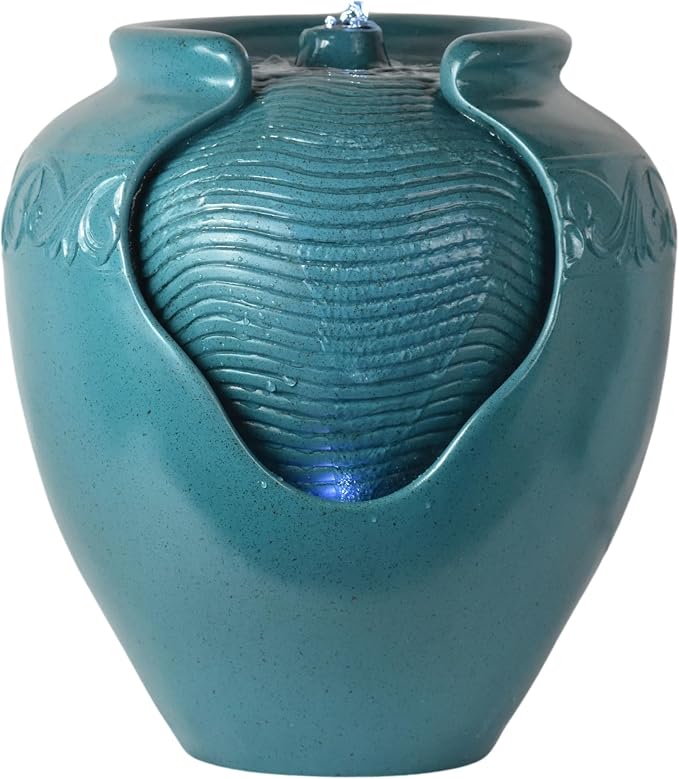 Teamson Home Floor Glazed Pot Water Fountain with Built-in LED Light and Pump for Outdoor Indoor Patio Garden Backyard Decking Home Décor, 17 inch Height, Teal | Floor Standing Ceramic Waterfall, LED Lights, Patio Garden Deck Porch Yard, Zen Outdoor De...