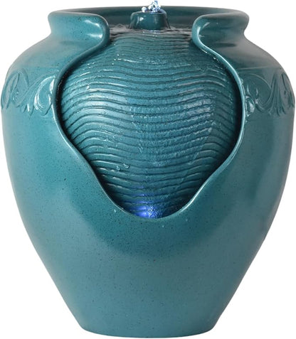 Teamson Home Floor Glazed Pot Water Fountain with Built-in LED Light and Pump for Outdoor Indoor Patio Garden Backyard Decking Home Décor, 17 inch Height, Teal | Floor Standing Ceramic Waterfall, LED Lights, Patio Garden Deck Porch Yard, Zen Outdoor De...