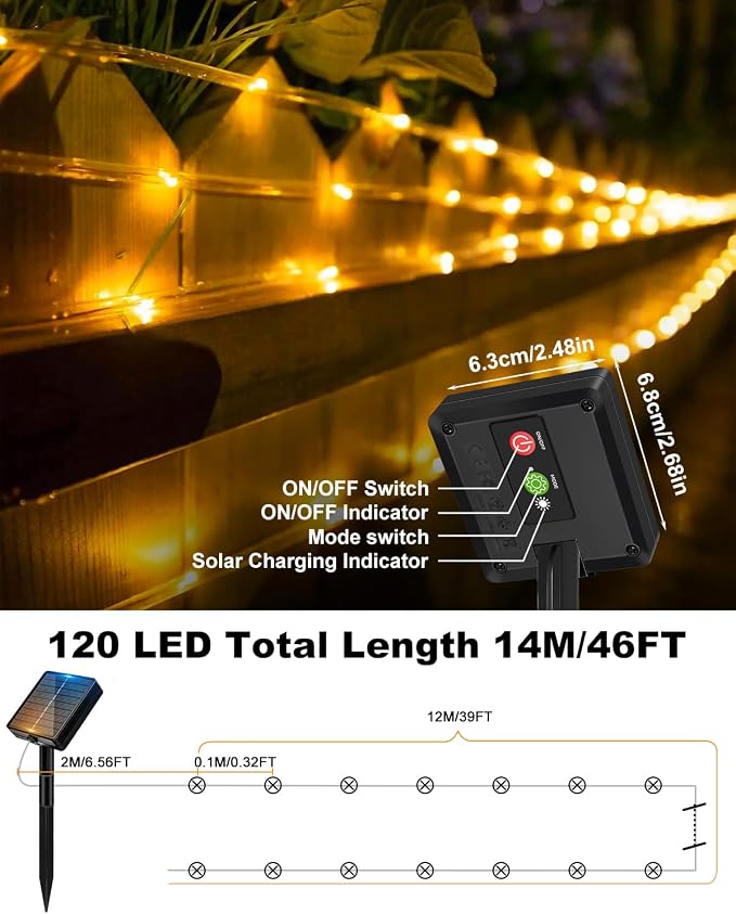 btfarm 6 Pack Solar Rope Lights Outdoor, 120LED 46FT Solar String Lights Outside Waterproof, 8 Lighting Modes Solar Powered Strip Tube Light for Garden Tree Christmas Yard Party Decor, Warm White