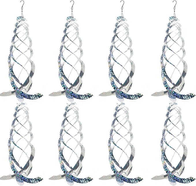 OFFO Bird Reflectors, 15.8 inch Double-Sided Reflective Bird Scare Devices with Stainless Steel Hook, Spiral Reflectors Outdoor Garden Decor for Tree Patio Farm Orchard Porch Pool Window, 8 PCS