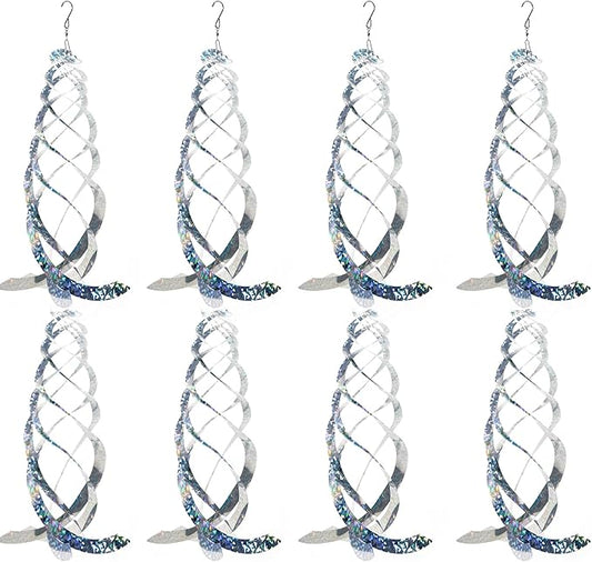 OFFO Bird Reflectors, 15.8 inch Double-Sided Reflective Bird Scare Devices with Stainless Steel Hook, Spiral Reflectors Outdoor Garden Decor for Tree Patio Farm Orchard Porch Pool Window, 8 PCS