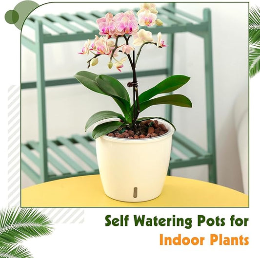 Self-Watering Pots for Indoor Plants, 16-Pack Self Watering Planter with Drainage Holes, Small African Violet Pots with Water Indicator, 10-Pack 5''/6-Pack 6.7'' Orchid Pot, White