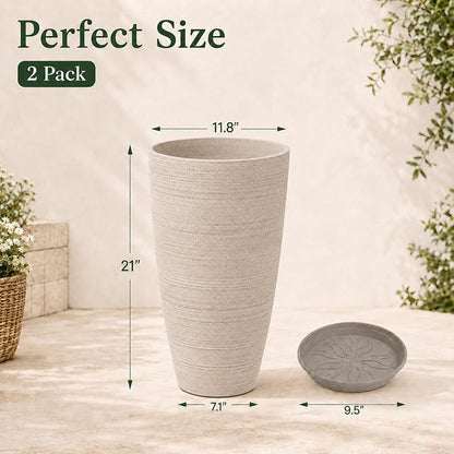 Neoaider Set of 2 Tall Planter, 21 inch Large Plastic Planter, Oat Color | Ceramic-Look, Lightweight, Built-in Drain Hole, Saucers, Tall Outdoor Planter for Porch, Garden, Patio, Balcony