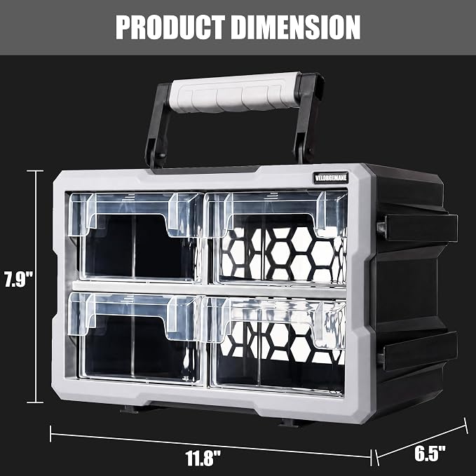 4 Drawer Modular Stackable Storage Organizer System with Clear Drawers, Removable Handle, Interlocking Frame, Wall Mount Garage Storage Solution