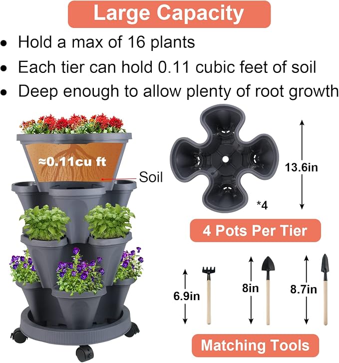 GameXcel Vertical Planter Tower - 4 Tier Stackable Garden Planters with Wheels and Tools Plant Pots for Strawberry Herb Flower and Vegetable Indoor Outdoor Use Dark Gray