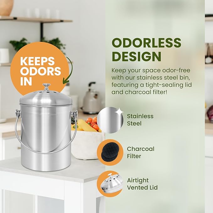 Reli. 1.3 Gallon Stainless Steel Compost Bin for Kitchen | Indoor Composting Bin with Charcoal Filters | Odorless Food Waste Countertop Bucket