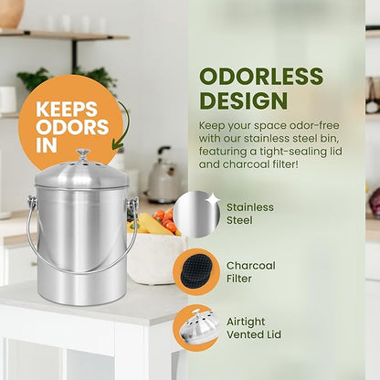Reli. 1.3 Gallon Stainless Steel Compost Bin for Kitchen | Indoor Composting Bin with Charcoal Filters | Odorless Food Waste Countertop Bucket