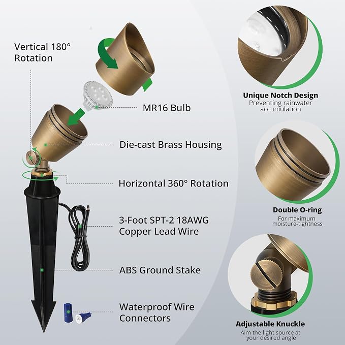 GKOLED Solid Brass Low Voltage Compact Spotlight, 12V AC/DC Waterproof Outdoor Landscape Spot Lights for House Trees Garden Yard Lawn, Up Light with 5W 2700K MR16 Bulb, Stake Included