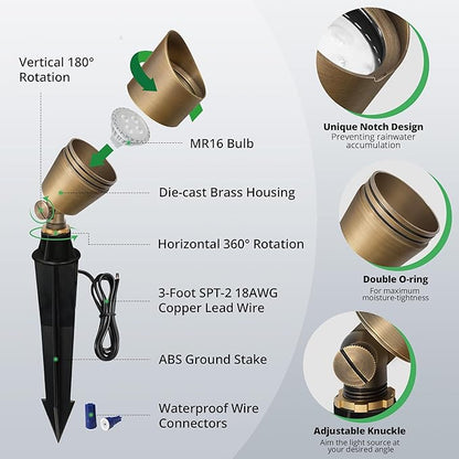 GKOLED Solid Brass Low Voltage Compact Spotlight, 12V AC/DC Waterproof Outdoor Landscape Spot Lights for House Trees Garden Yard Lawn, Up Light with 5W 2700K MR16 Bulb, Stake Included (Pack of 2)