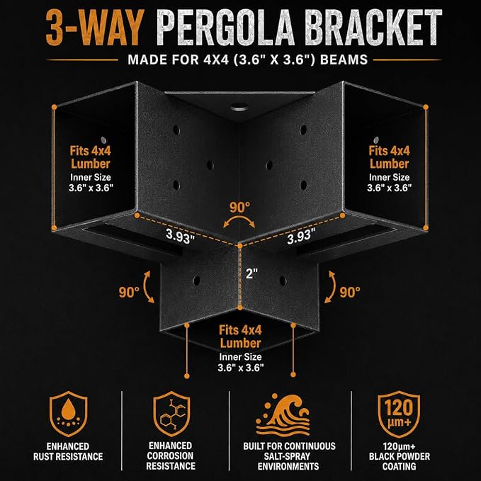 Pergola Brackets, 4x4 3-Way Heavy Duty Pergola Kit, 4pcs Right Angle Corner Bracket, Anti-Resistant Q235 Steel, 3.6"x3.6" Inner Fit for DIY Garden, Patio, Gazebo - Includes Screws (4-Pack).