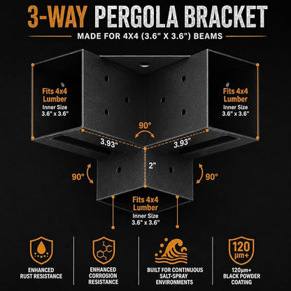 Pergola Brackets, 4x4 3-Way Heavy Duty Pergola Kit, 4pcs Right Angle Corner Bracket, Anti-Resistant Q235 Steel, 3.6"x3.6" Inner Fit for DIY Garden, Patio, Gazebo - Includes Screws (4-Pack).