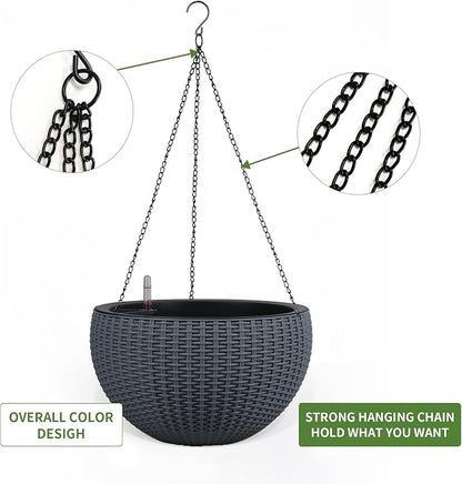Dexceder 9 Inch Self Watering Hanging Planter (Gray) | Thickened Hanging Basket Flower Plant Pot with Water Level Indicator Indoor Outdoor