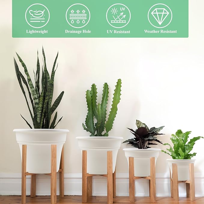 Pottiffe 8 Inch Plastic-Flower Pot-for-Indoor Plants, 4 Pack Large Outdoor Planter Pot with Drainage Holes & Saucers, Resin Decorative Garden Pots Planters