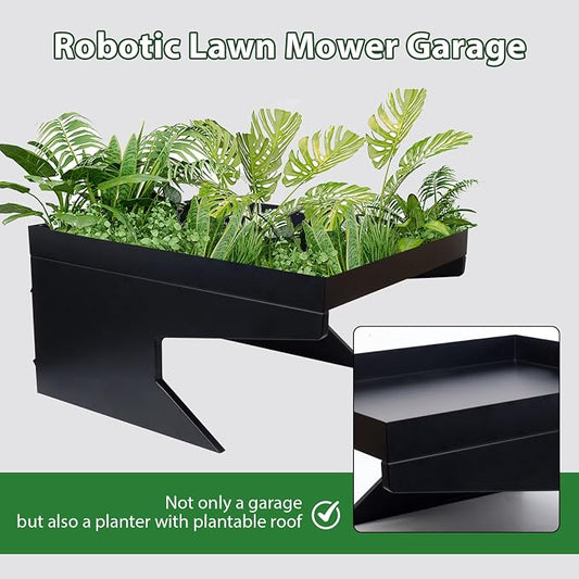 Weatherproof Robotic Lawn Mower Garage With Planter Compatible For All Robotic Lawn Mower Heavy-Duty Metal Shelter for Lawn Mower (27''x24''x14'') UV Protection & Drainage System