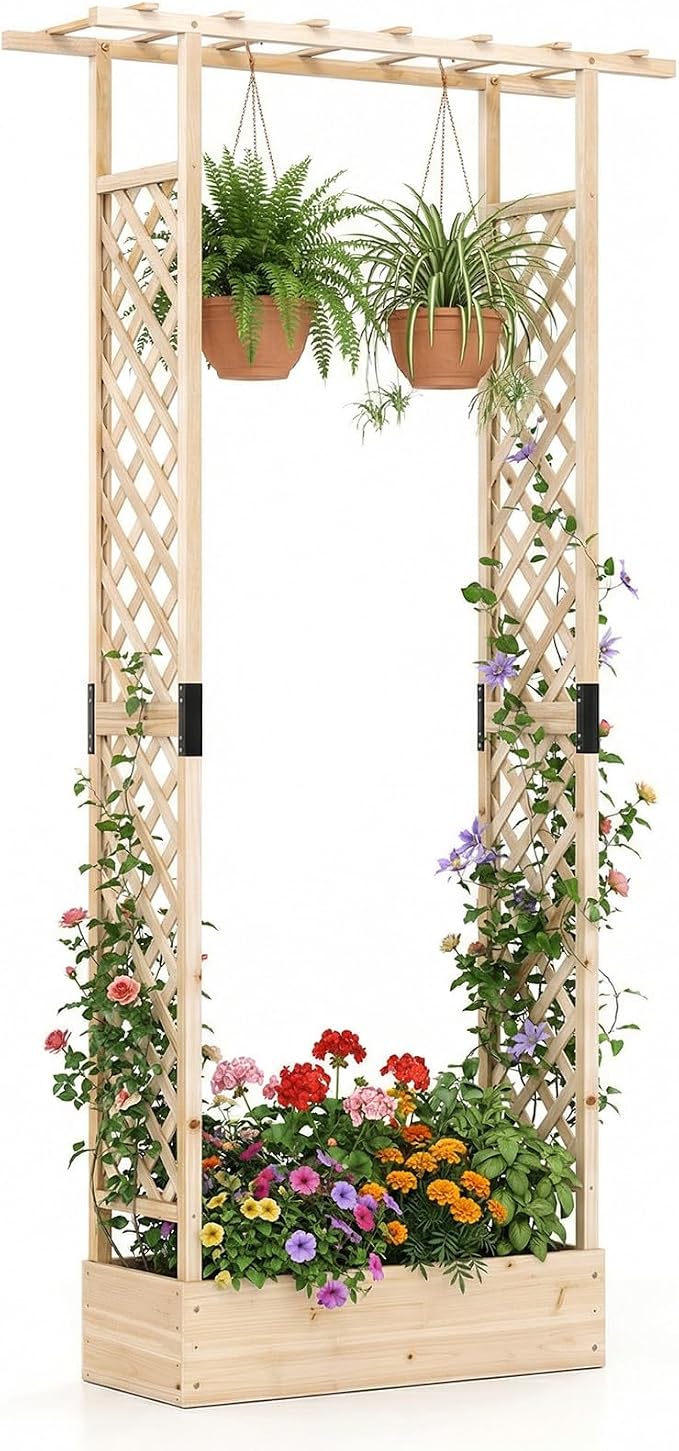 Giantex Wooden Raised Garden Bed with Trellis & Hanging Roof, Fir Wood Planter Box, 89” Freestanding Elevated Garden Bed for Outdoor Climbing Plants Vegetables Flowers, Patio & Balcony, Natural