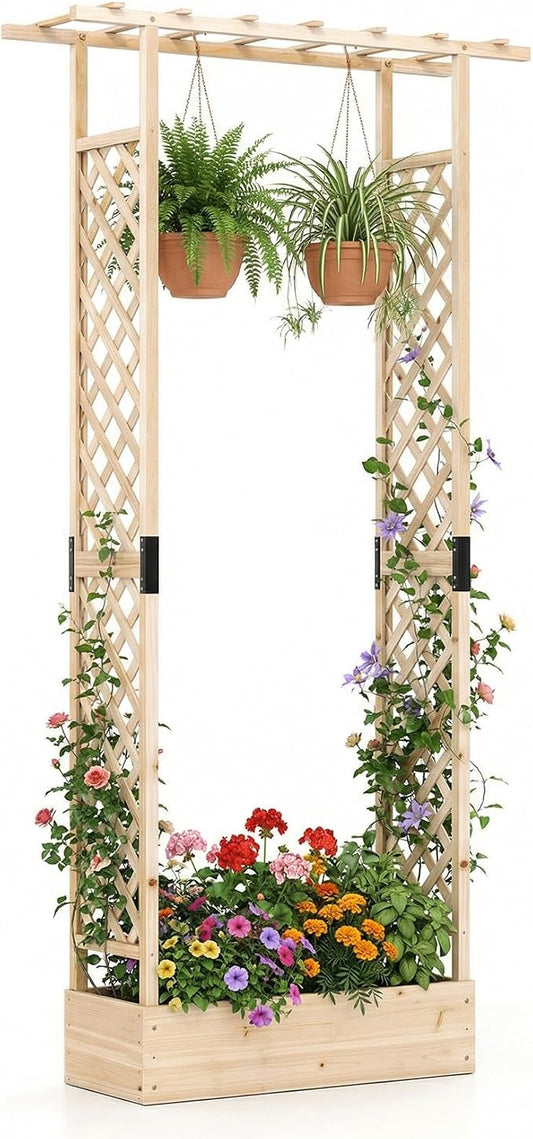 Giantex Wooden Raised Garden Bed with Trellis & Hanging Roof, Fir Wood Planter Box, 89” Freestanding Elevated Garden Bed for Outdoor Climbing Plants Vegetables Flowers, Patio & Balcony, Natural