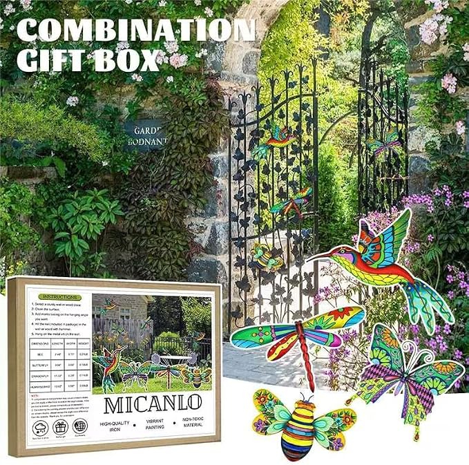 4pcs Metal Outdoor Wall Art Decor,3D Colorful Dragonfly+Hummingbird+Butterfly+Bee Hanging Decorations Ornament for Garden Fence,Patio,Yard