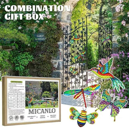 4pcs Metal Outdoor Wall Art Decor,3D Colorful Dragonfly+Hummingbird+Butterfly+Bee Hanging Decorations Ornament for Garden Fence,Patio,Yard