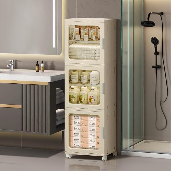 3-Tier Slim Bathroom Storage Cabinet for Small Space,Beige | Quick Assembly,Foldable,Plastic Organizers,Magnetic Doors,Adjustable Shelves,Narrow Storage Cabinet,Wheels