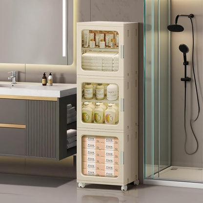 3-Tier Slim Bathroom Storage Cabinet for Small Space,Beige | Quick Assembly,Foldable,Plastic Organizers,Magnetic Doors,Adjustable Shelves,Narrow Storage Cabinet,Wheels