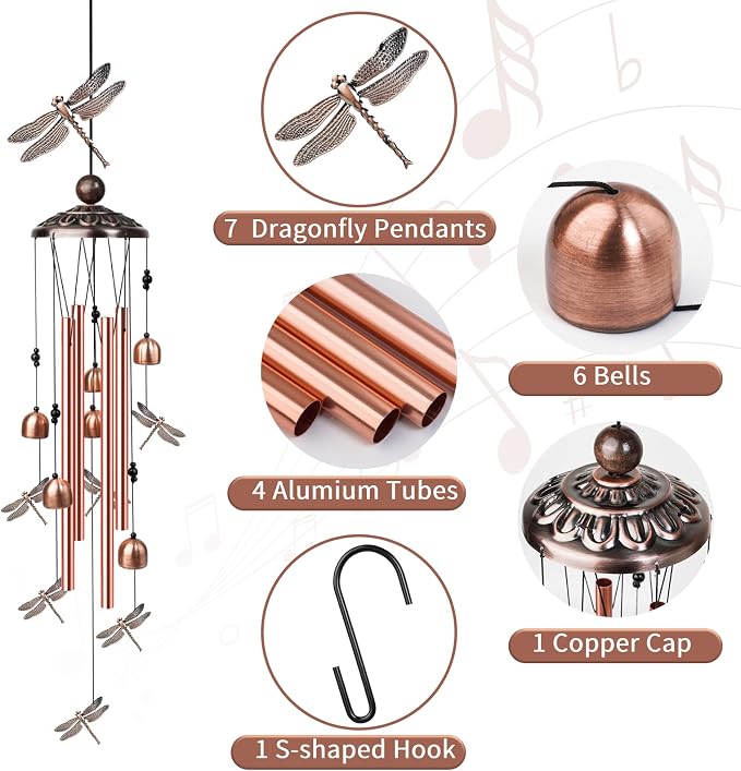 35" Dragonfly Wind Chimes Outdoor Dragonfly Gifts for Women/Men/Mom/Grandma Birthday Gifts Memorial Gift Metal WindChimes for Outside/Indoors, Home, Lawn, Porch, Patio, Garden Decor, Yard Decorations