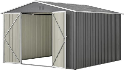 PVWIIK 10x10 FT Large Outdoor Metal Storage Shed, Heavy Duty Waterproof Steel Garden Tool Shed with Lockable Doors, Utility Storage Building for Backyard Patio Lawn Garden, Grey