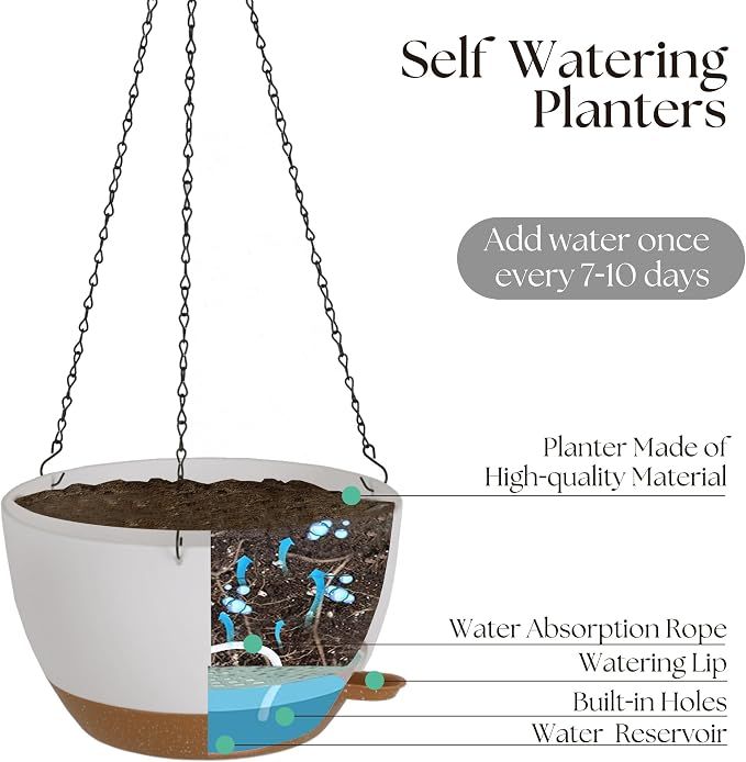 TYMENSH Hanging Plant Pots 12 Inch Set of 2, Self Watering Hanging Planters with Drainage Holes, Removable Saucer, Durable Plastic Flower Pots with Chains for Indoor Outdoor Plants, White