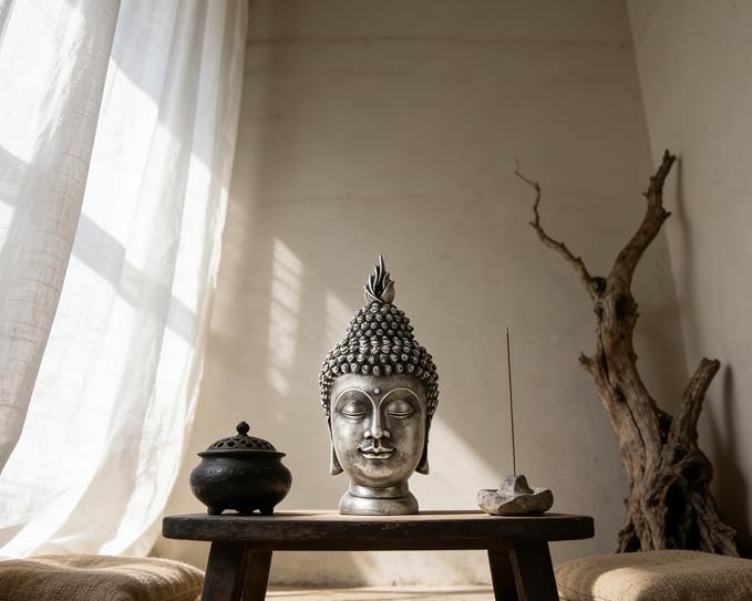 Buddha Head Statue Zen Meditation Decoration, 11 inch Resin Antique Silver Buddha Head Statue for Buddhist Spiritual Altar Decoration Buddhism Gifts